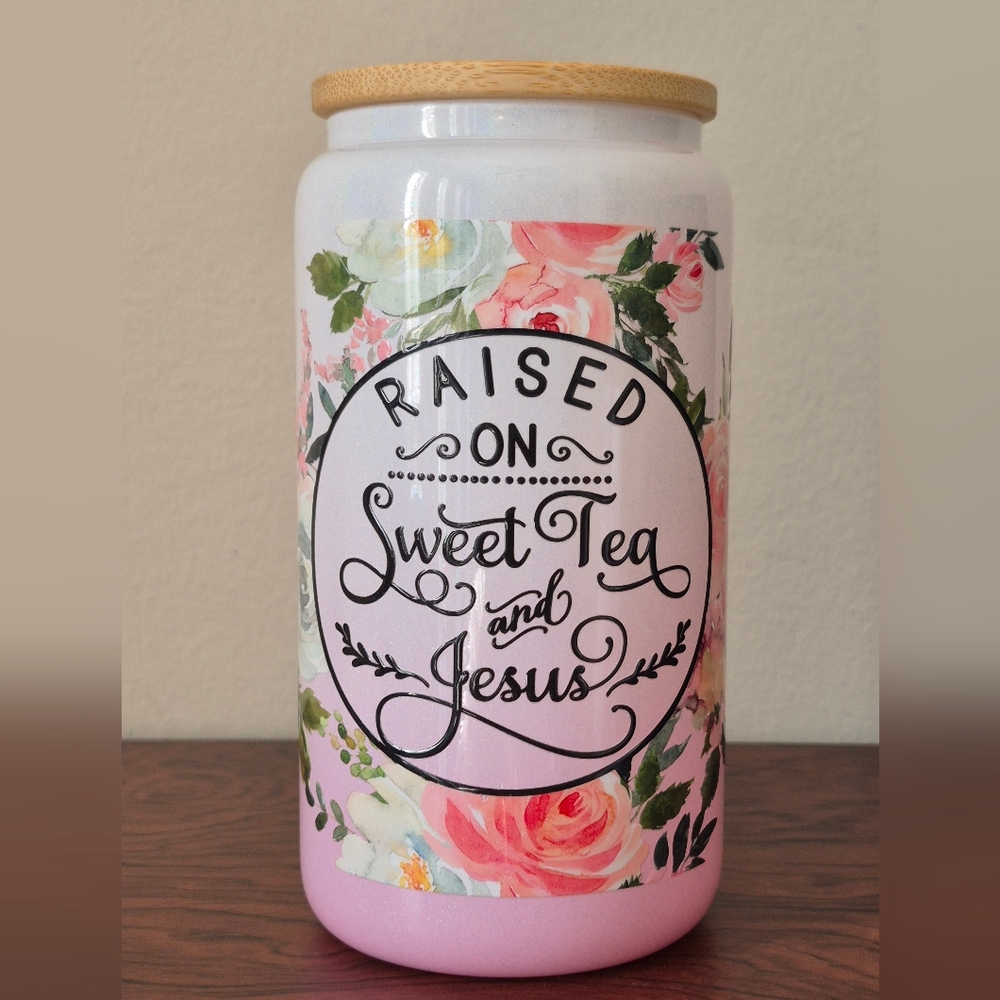 🪻3$/25 Floral Pink Tea Jar with Bamboo Lid